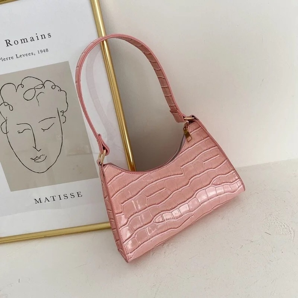 New Pink Faux Alligator Baguette Purse